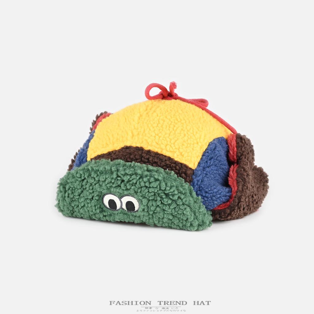 Korean Version of Cute Color Matching Lamb Wool Hats for Men and Women, Winter Warm Ear Protection Riding Outdoor Flipped Brim Flying Hat