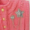 2025 Autumn/Winter European & American Fashion Pink Tweed Wool Jacket with Beaded Badge