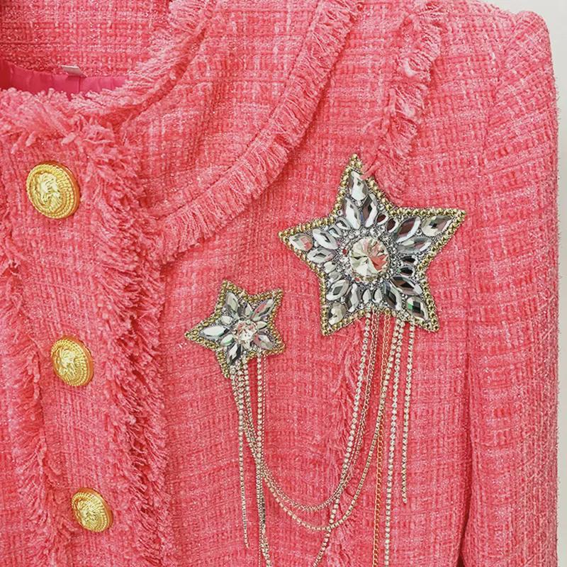 2025 Autumn/Winter European & American Fashion Pink Tweed Wool Jacket with Beaded Badge