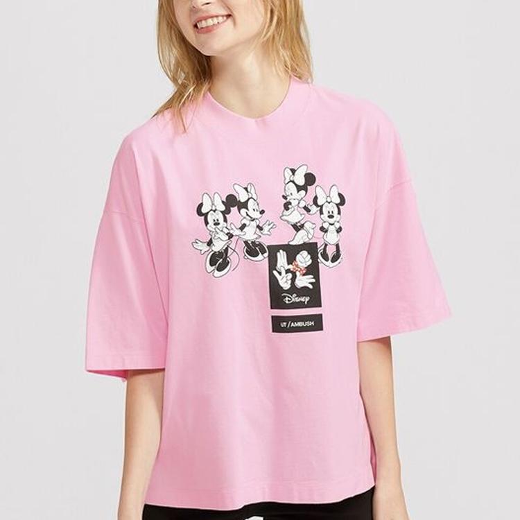 Uniqlo Mickey Mouse Print Short Sleeve Drop Shoulder T-Shirt Women Tops Pink 428402-10