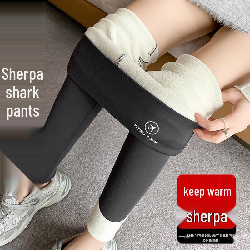 High Waist Lambswool Shark Leggings: Thickened Velvet Warm Yoga Pants for Women - Slimming and Shaping, Perfect for Autumn and Winter.