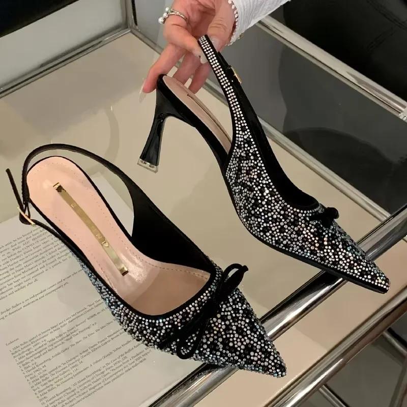 Fashion Sparkling Rhinestone High Heels Women Sexy Pointed Toe Bow Tie Luxury Designer Shoes for Women Elegant Banquet Dress Women Pumps
