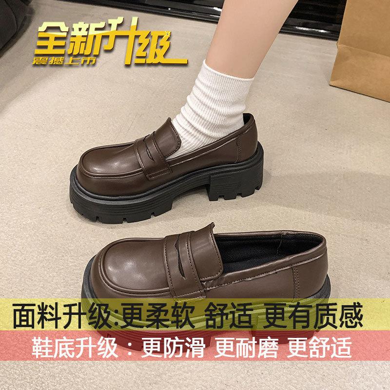 

Loafer women s new black leather shoes for spring and autumn in 2025, thick heels, retro British-style black platform shoes 40