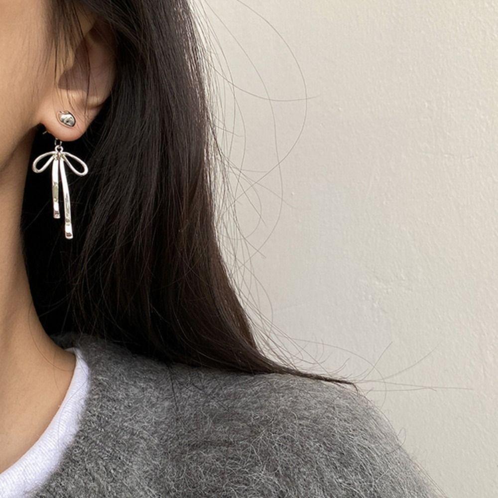 Balletcore Simple Earrings Grey Pearl Piercing Ear Stud Elegant Ribbon Bow Dangle Earrings  Women