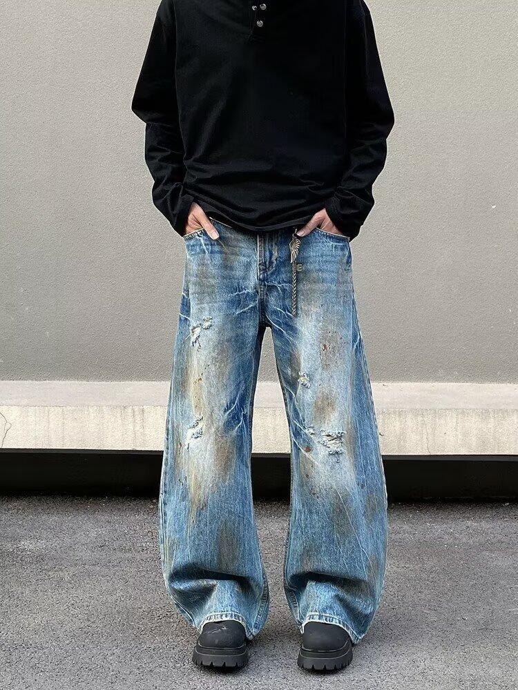 American retro loose dirty jeans men's niche design sense ripped cat whisker pants couple tide high street casual