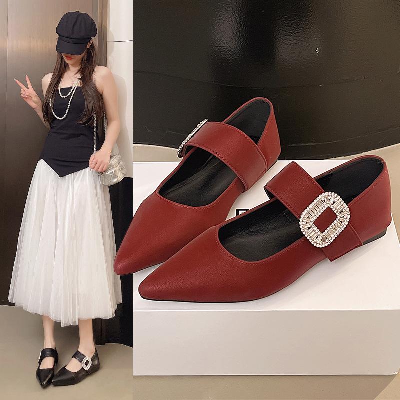 Flat Velcro Rhinestone Mary Jane Shoes Women's Summer New French Retro Fashion Temperament Light Mouth Single Shoes