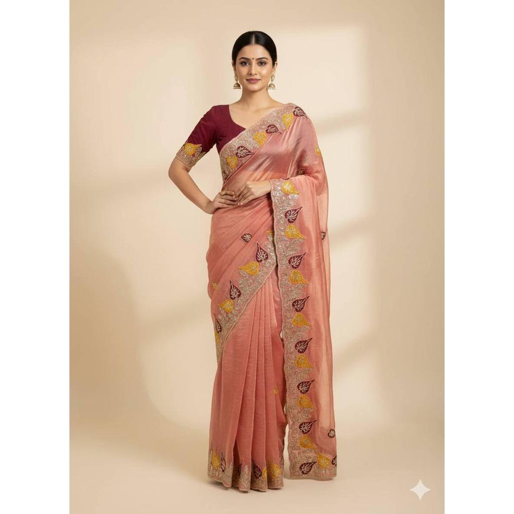 Saris purs et doux en satin Fandy avec d'incroyables sequins de 3 mm et du travail au fil multicolore