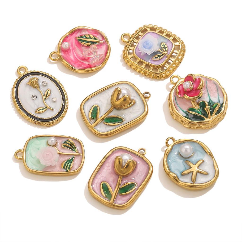 Colorful Oil Drop Flower Pendant Stainless Steel Gold Color Charm Necklace Bracelet DIY Making Jewelry Accessories Dropshipping