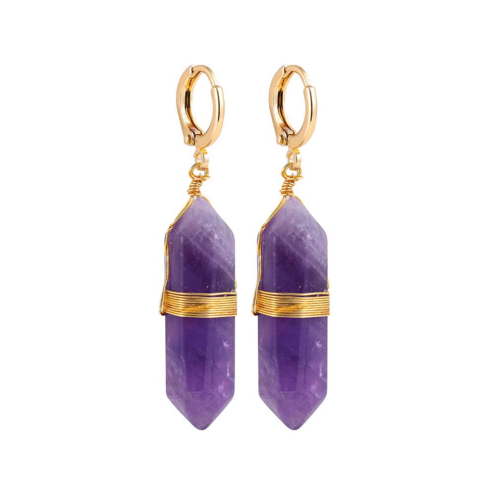 Fashion Handmade Wire Wrapped Purple Natural Stone Hexagonal Bullet Drop Earrings for Women Polygon Statement Earring