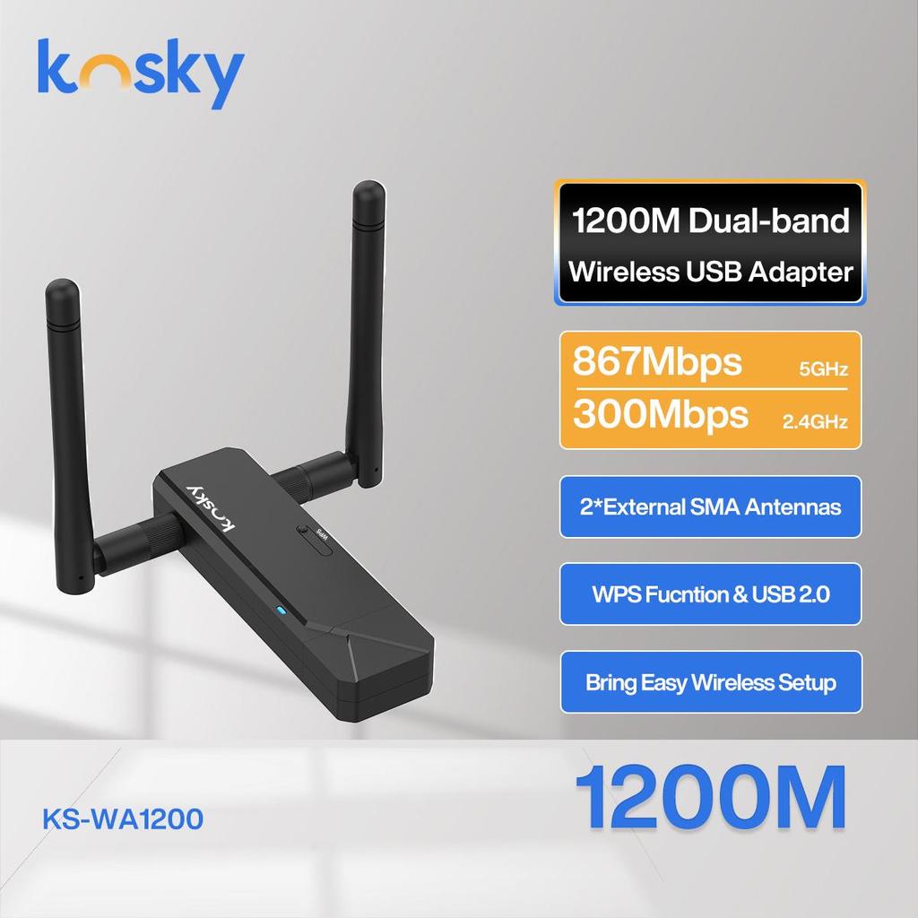 Kosky 1200Mbps Wifi Adapter WiFi 5 Daul-band 802.11ac USB2.0 Boost Your Internet Speed with 1200Mbps Wireless USB Wifi Adapter