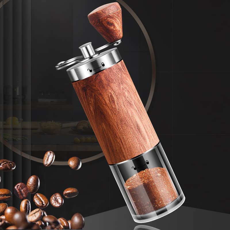 Portable, compact, hand-held coffee grinder with ceramic mortar, 5-degree adjustable grinding angle, washable clear container, natural wood finish,