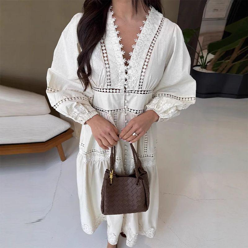 Lantern Sleeve Dress Summer Women Clothes Foreign Trade Casual All-matching V-neck Hollow Lantern Sleeve Dress