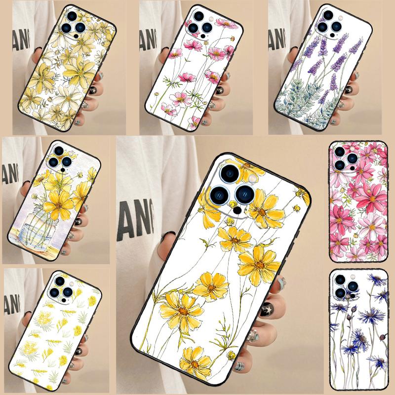 Yellow Cosmos Flowers Lavender Phone Case For iPhone 17 Air 15 14 13 12 11 16 Pro Max 13 12 mini 15 16 Plus 16e Cover Funda