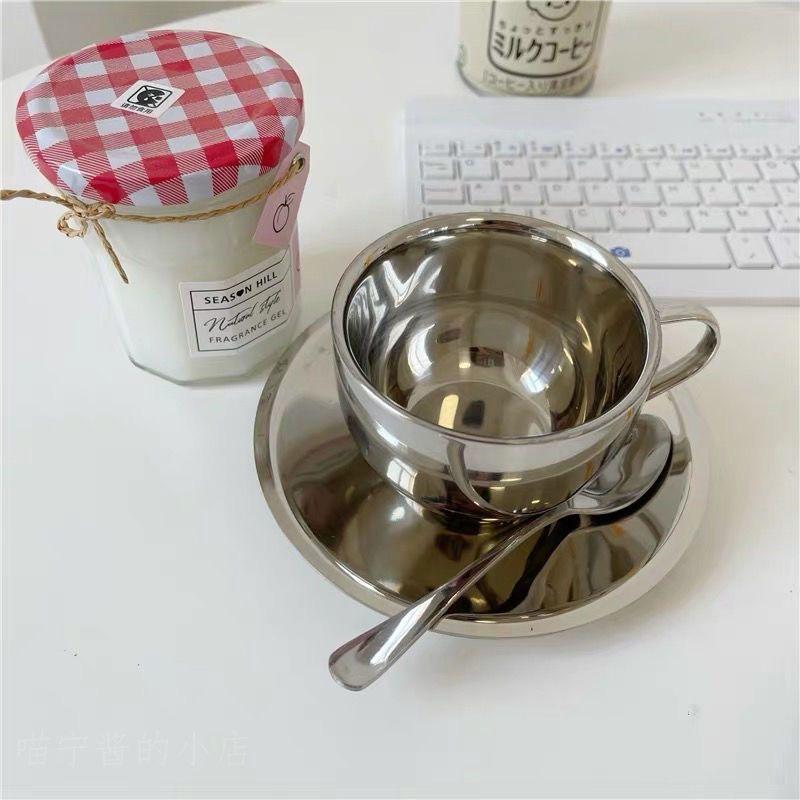 Ensemble Tasse à Café & Thé à Double Paroi en Acier Inoxydable 304 avec Cuillère