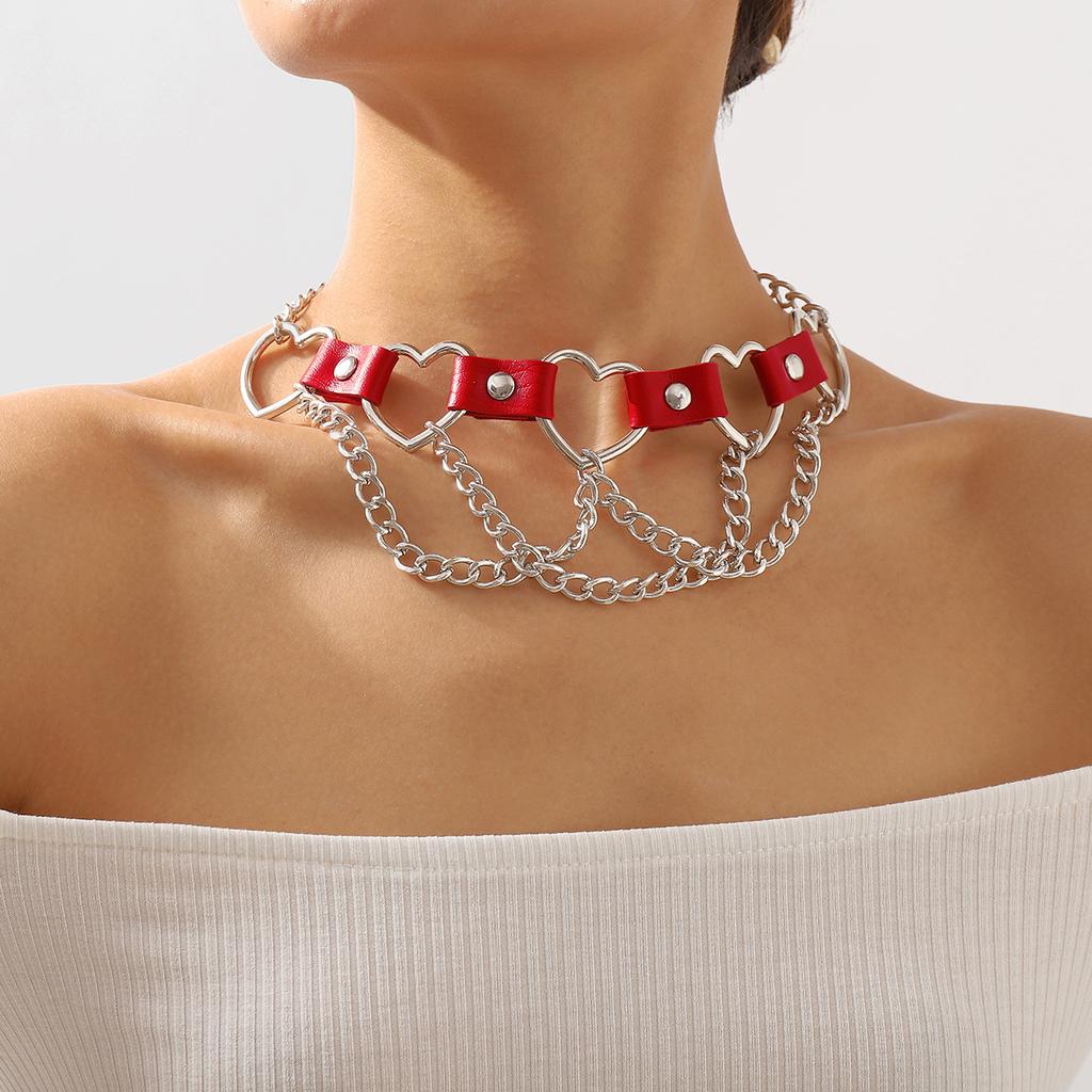 Women Hip Hop Punk Style Exaggerated Necklace Metal Texture PU Heart Jewelry Trendy Cool Personality Clavicle Necklace Jewelry