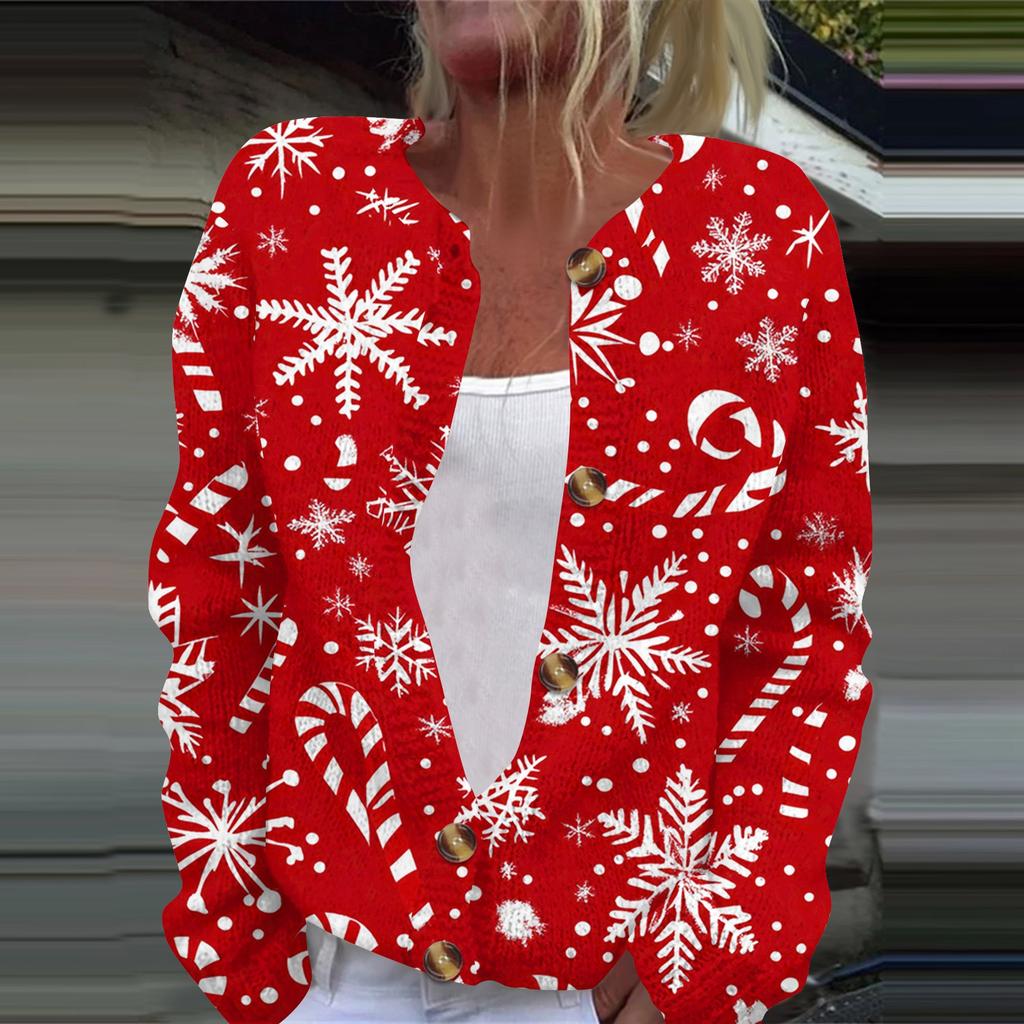 Women's Fashion Printed Long Sleeve Knitted Cardigan Button Down Jacket