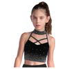 Kids Gymnastics Top Halter Sleeveless with Sparkling Rhinestones Cross Front Backless Dance Wear Costume