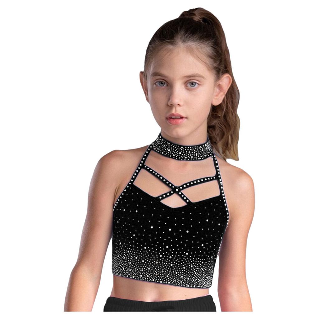 Kids Gymnastics Top Halter Sleeveless with Sparkling Rhinestones Cross Front Backless Dance Wear Costume