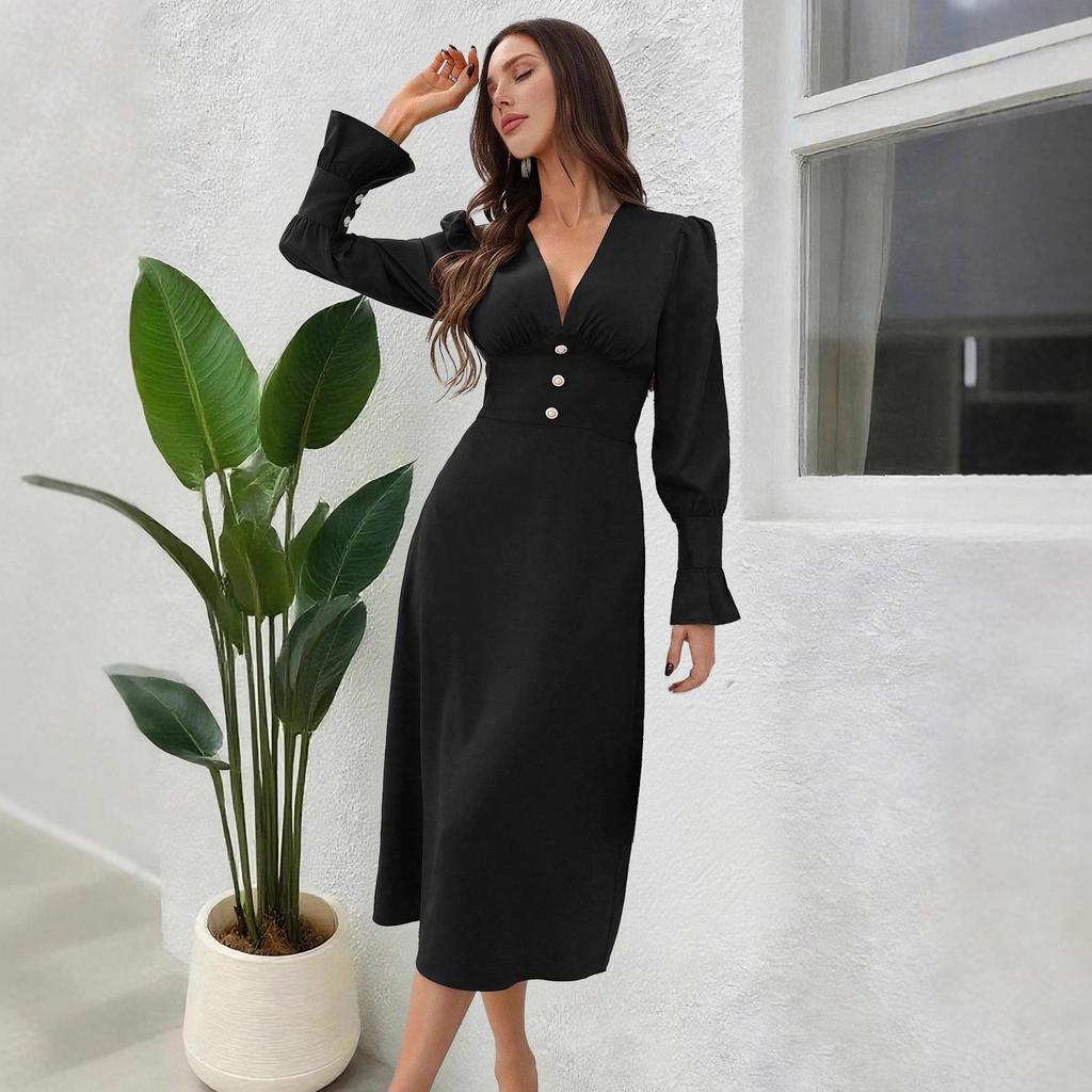 Women's Brown V-Neck Long Sleeve Dress with Ruffled Collar and Cuffs