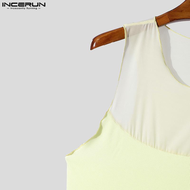 INCERUN Menn Ermeløs Mesh Patchwork Sexy Club Party Slim Tank Tops