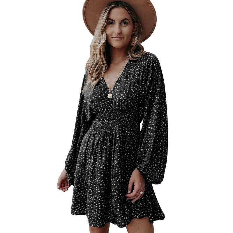 Summer New Polka Dot Women's Dress, Pullover V-neck Long-sleeved Pleated Waist Floral Slim-fit Skirt