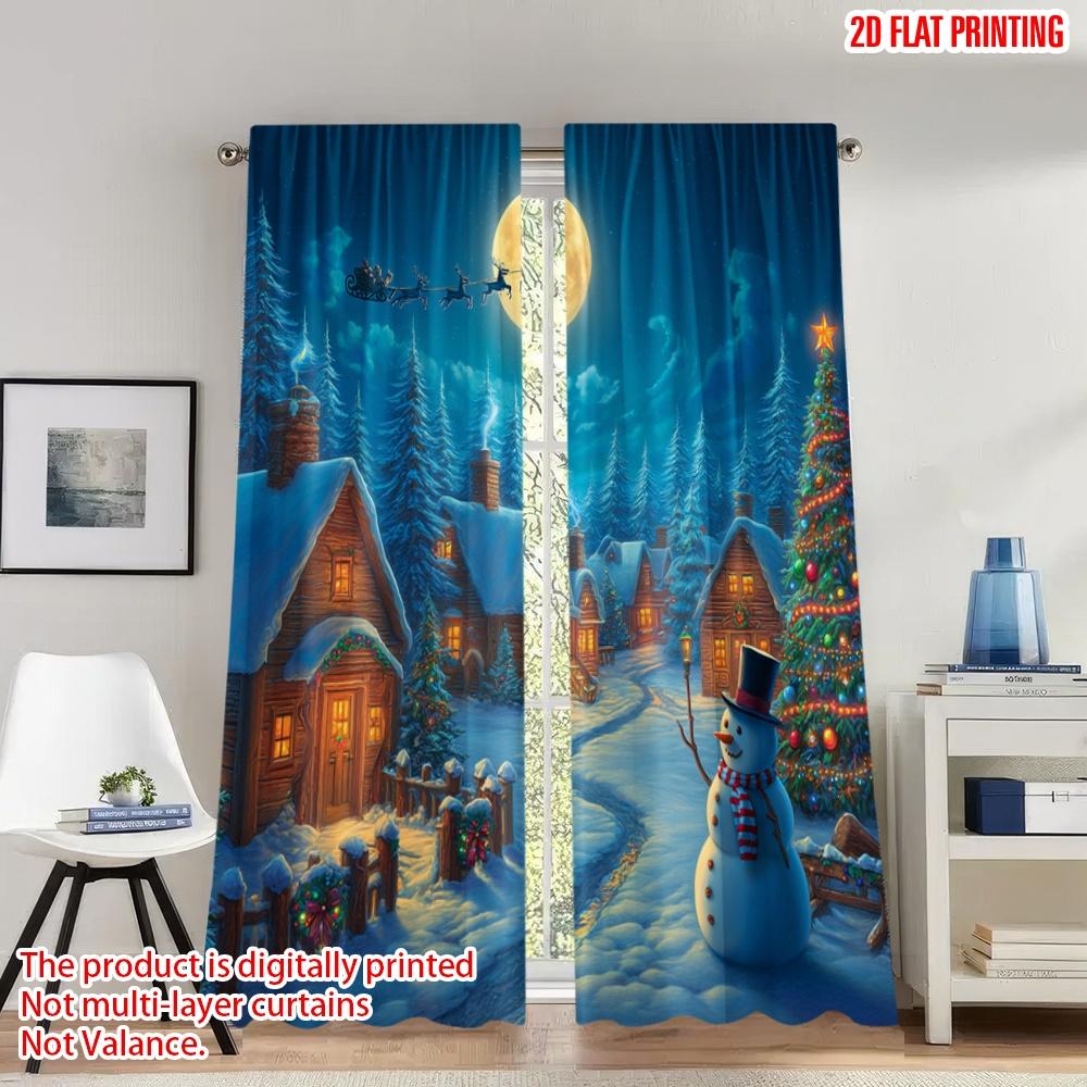 

Set Of 2 Flat Printing Popular Christmas Curtains Village Snowman Santa Sleigh Digital Printed Polyester Drapes Spring Curtain W100*H70(CM)-Rod Pocket&2PCS