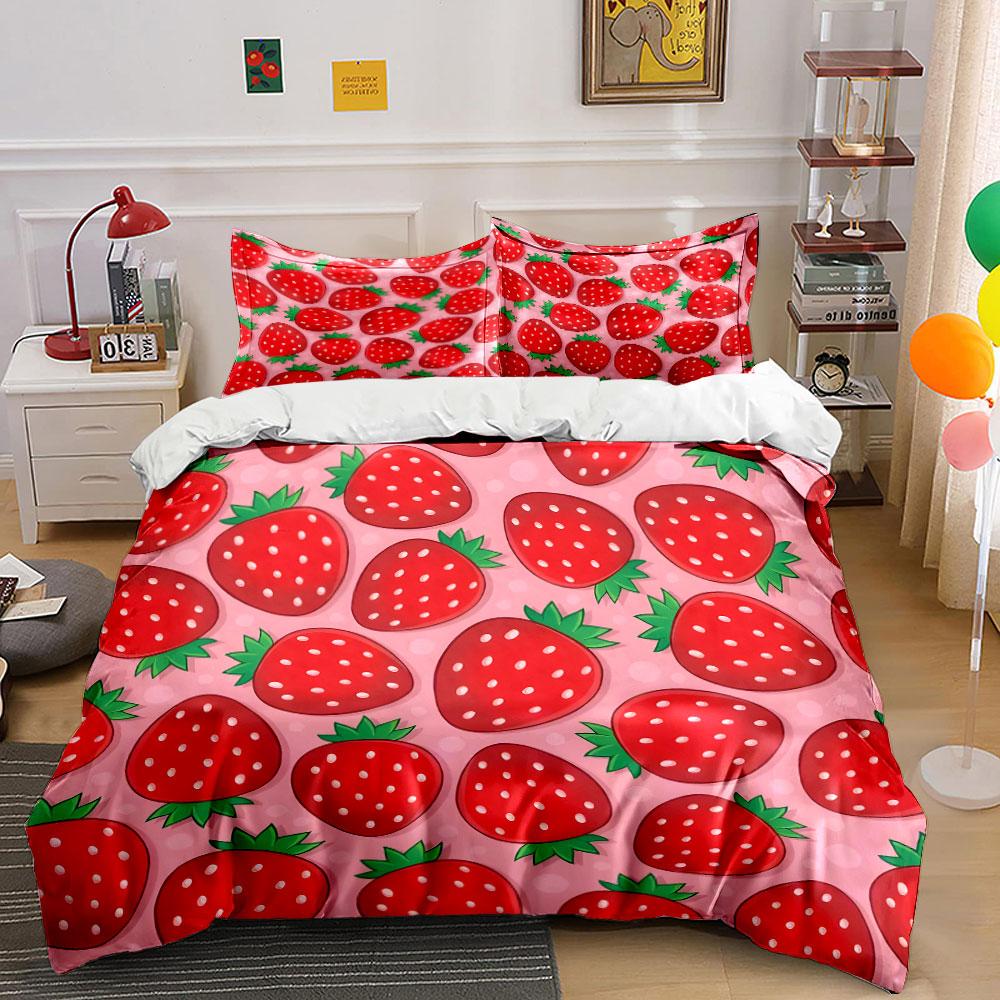 Strawberry Pattern Pink Background Bedding Duvet Cover Set (1*Duvet Cover 2*Pillowcases, without duvet insert)
