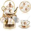 20 Pcs Porcelain Tea Set with Metal Holder and Spoon Adult Ceramic Tea Party Set European Flower Painting Teapot Cup Saucer