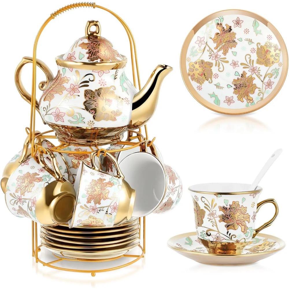 20 Pcs Porcelain Tea Set with Metal Holder and Spoon Adult Ceramic Tea Party Set European Flower Painting Teapot Cup Saucer