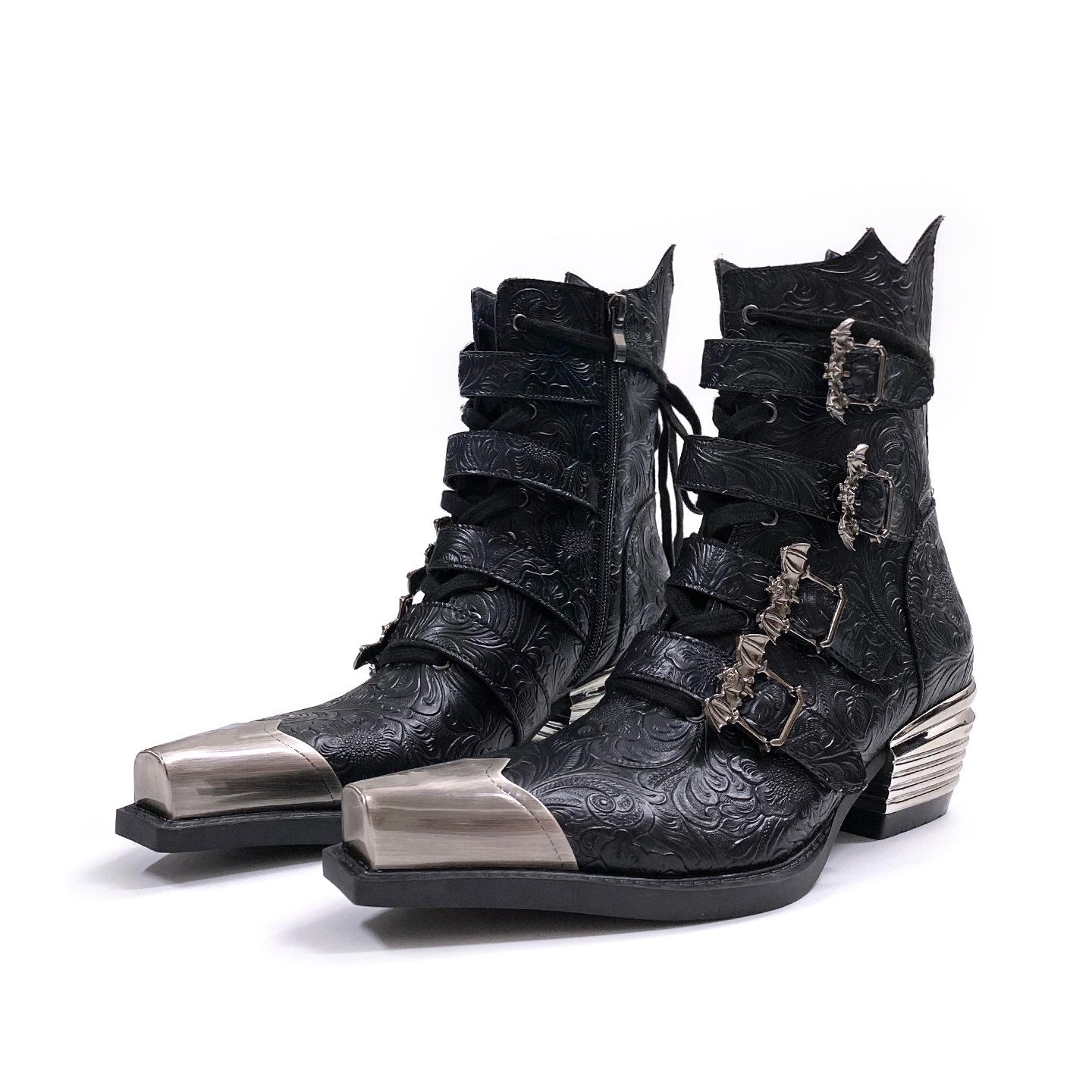 Spot] pointed Chelsea boots men s new retro metal head western cowboy boots men s and women s height-increasing short boots 35