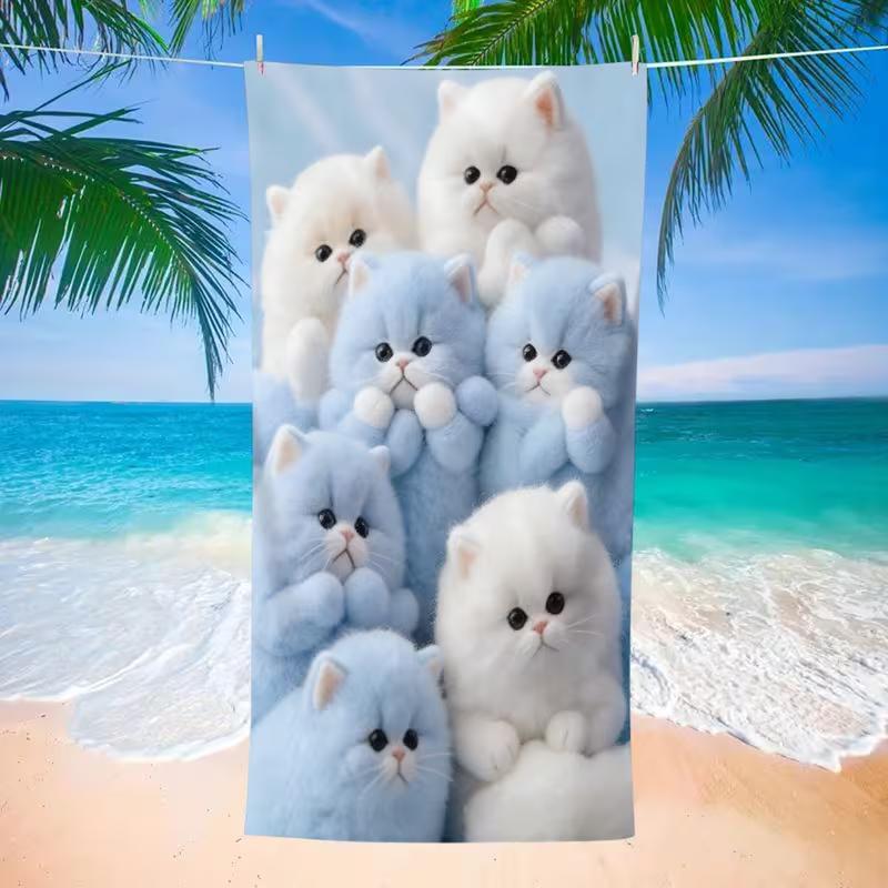 Cute Fluffy Kitten Print Beach Towel Cartoon Cat Pattern Quick Dry Sand-Free Absorbent Soft Beach Blanket for Summer Vacation