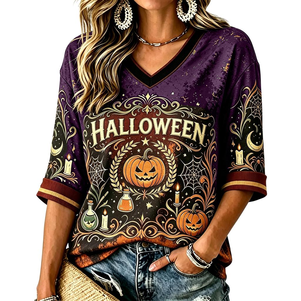 Women's Casual Halloween Print V-Neck T-Shirt