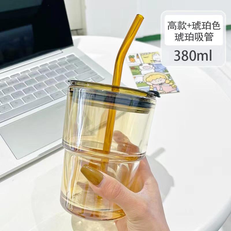 

Jiuheng Sends Gifts Ins Wind Leather Case Bamboo Cup Household With Straw Glass Cold Brew With Lid Coffee Cup 380ml [Line machine model]