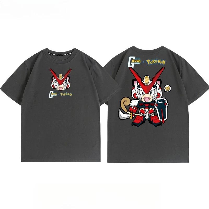 Pokémon Joint Mobile Suit Gundam Cartoon Short Sleeve Top Anime Peripheral Mens and Womens Summer TShirt Top Clothing