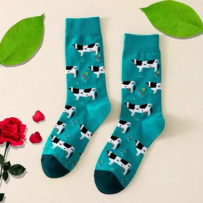 1 Paio Calzini da Donna a Mezza Gamba Stampati Carino Design Mucca Adatti per Abbigliamento Casual Comodi Morbidi Traspiranti che Assorbono l'Umidità