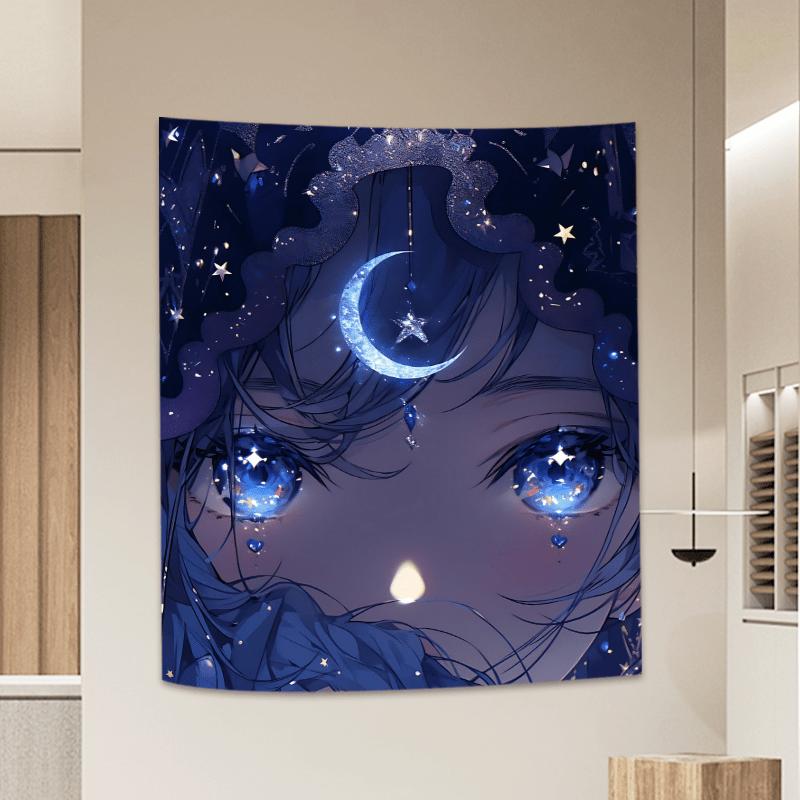 Starry Night Anime Girl Tapestry Vibrant Wall Hanging with Moon and Stars for Bedroom and Living Room Decor Perfect Gift