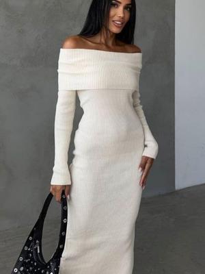 Ladies Knitwear Maxi Dress Fashion Knit Long Dress Off-Shoulder Female Ribbed Loose High Waist Elegant Autumn Party Dress