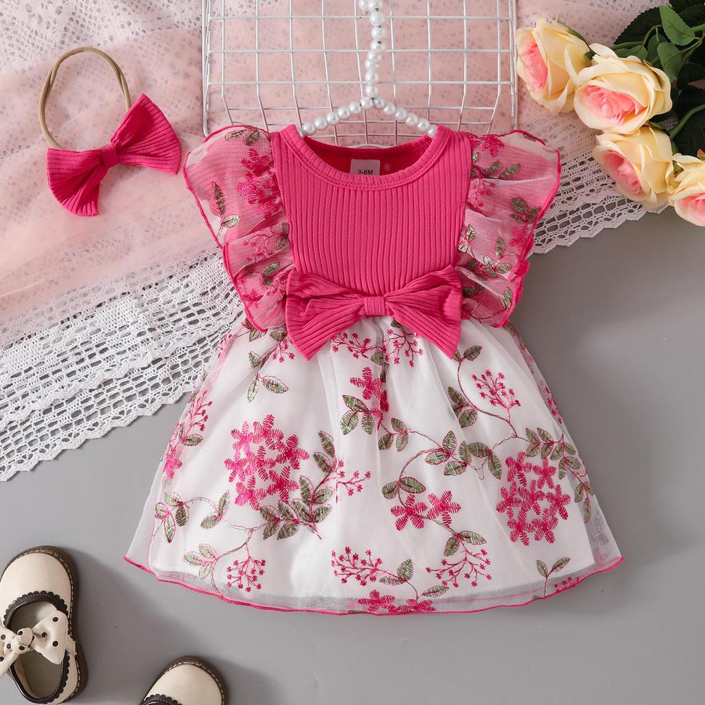 Baby Ruffle Bow Flower Mesh Dress Jumpsuit for 0-2 Years