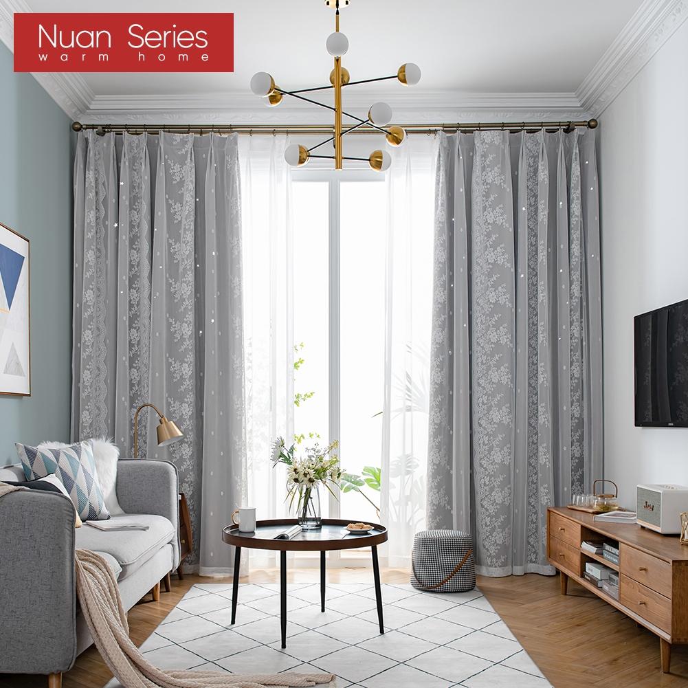 A Set of Nuan Series Hollow Star Blackout Curtain and Lace Sheer Curtains Integrated Gauze Curtain and Curtain for Living Room Bedroom Home Decor