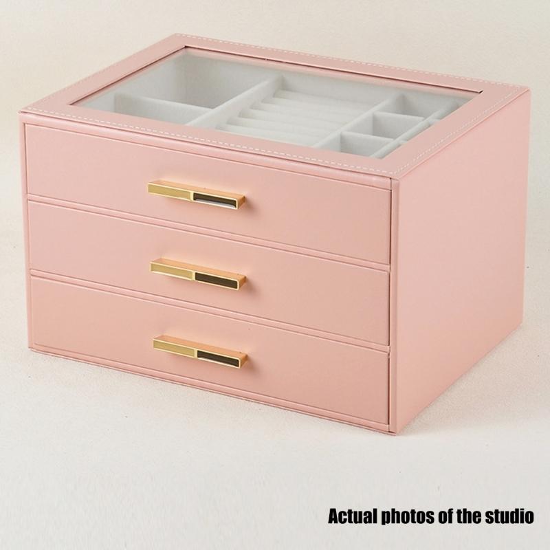 Jewelry Storage Box with Three Compartments Glass Access Lid PU Materials Cover Soft Velvets Cushioning