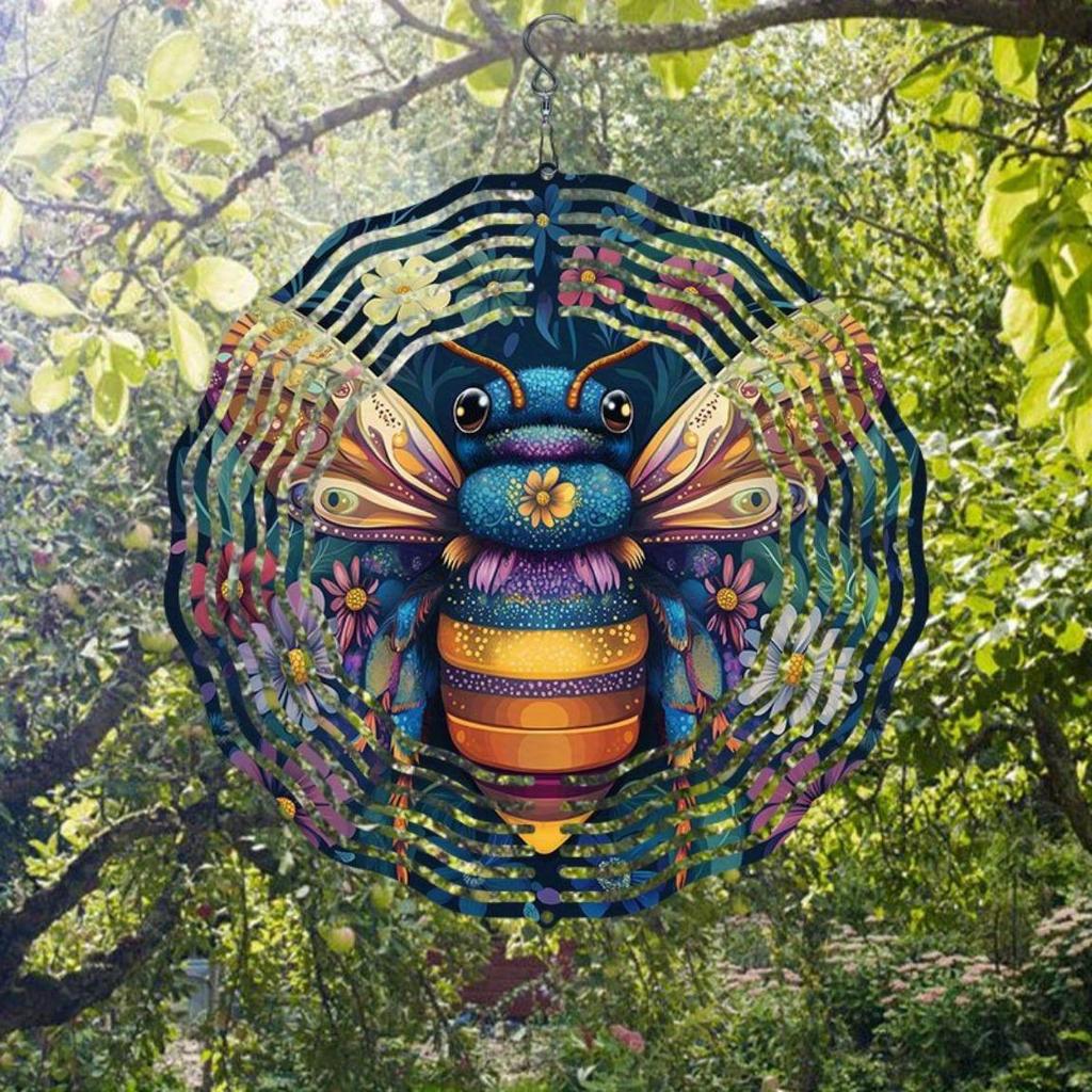 Metal Wind Spinner Outdoor Decor with Colorful Bees Flowers 360 Rotating Hook for Garden Yard Balcony Halloween Christmas Thanksgiving