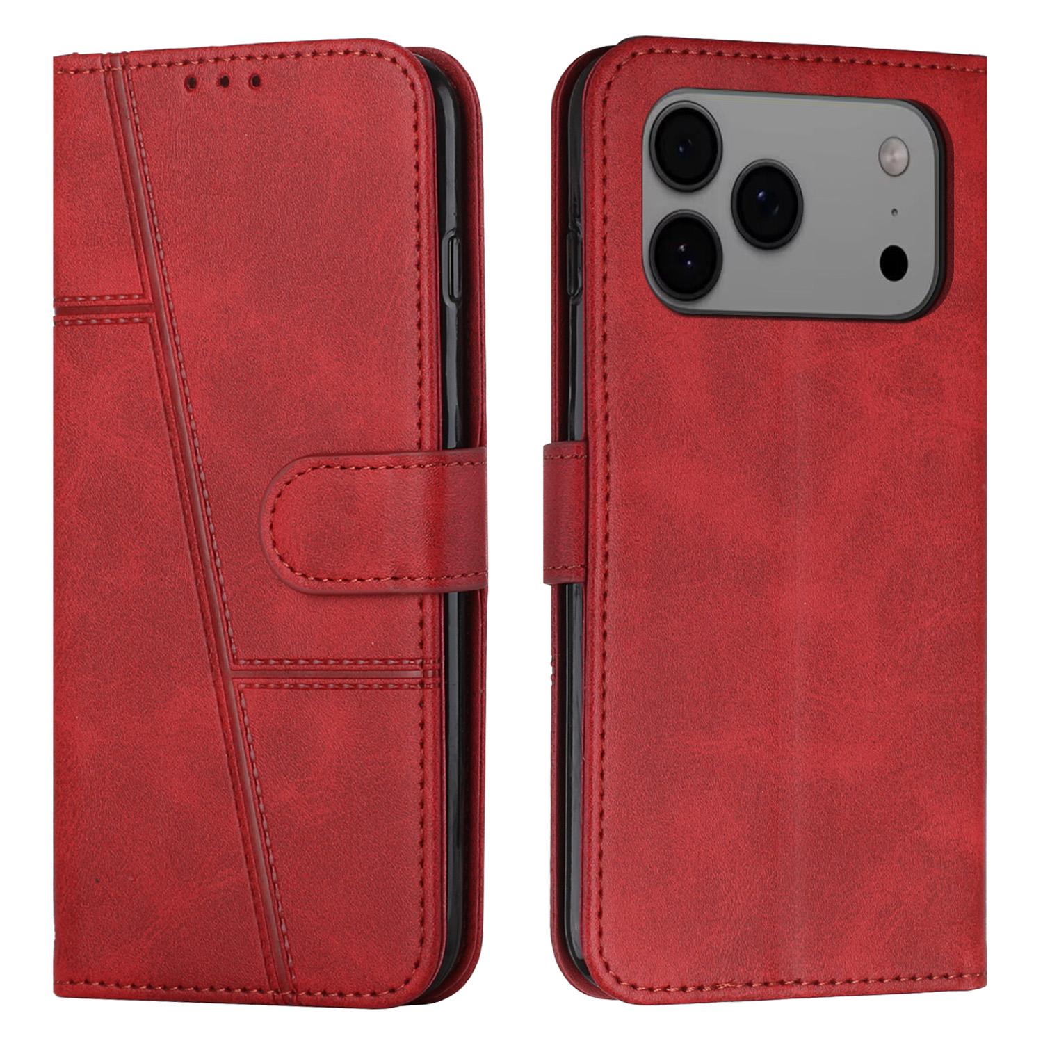 

For iPhone 17 Pro Max Leather Phone Case Foldable Stand Wallet Flip Cover with Strap Red