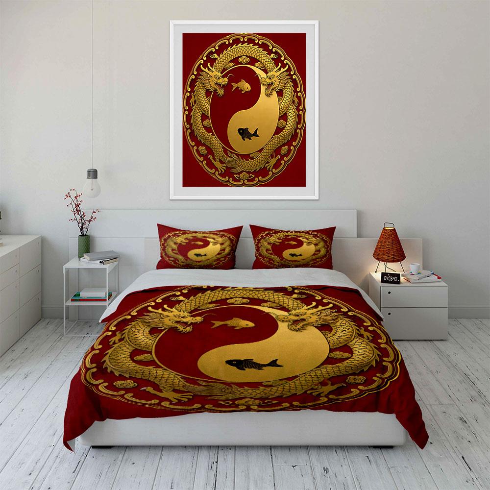 Golden Dragon Yin Yang Set Soft Comfortable Duvet Cover Bedding Set Included 1*Duvet Cover & 2*Pillowcases, Gift