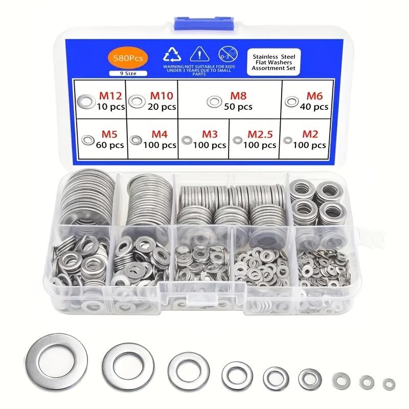 Stainless Steel 80-580pcs Assortment Set - Flat Washers Kit with Custom Storage Box - Multiple Sizes (M2-M10) for Screws Bolts,