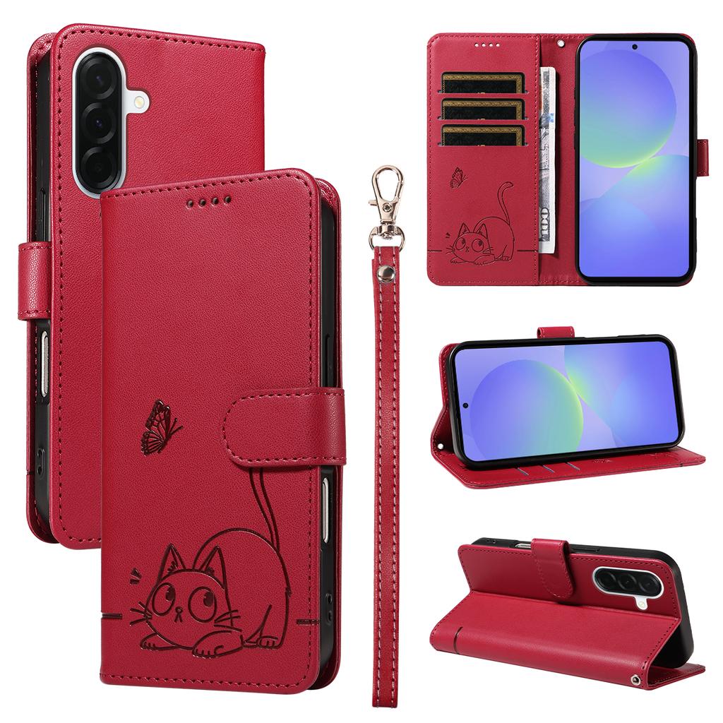 For Samsung Galaxy A37 5G Case Cat Pattern Imprint Leather Phone Cover with Wrist Strap