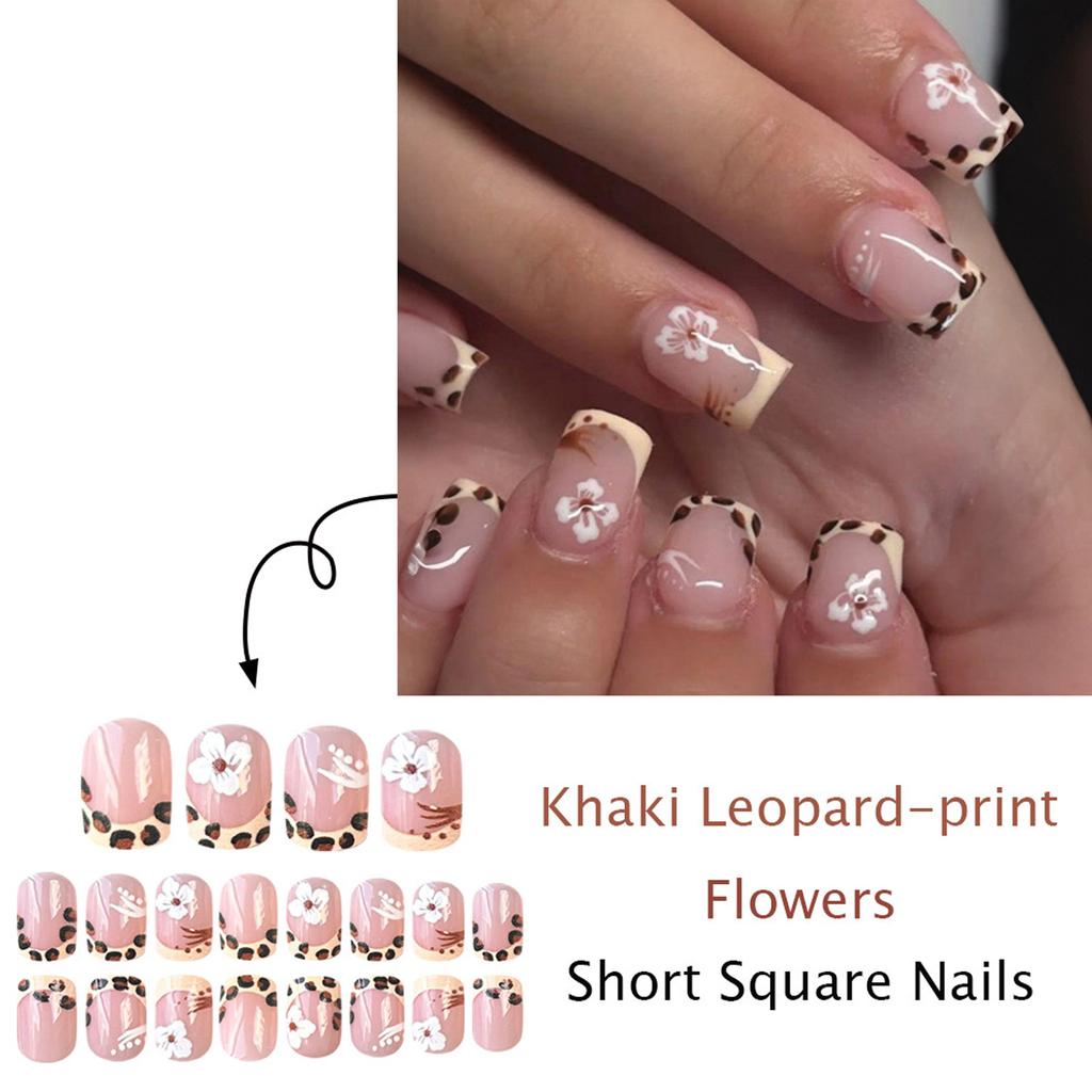 Press On Nails Short Square Fake Nails with Flower Designs False Nails Cute Glossy Glue On Artificial Nails for Womens