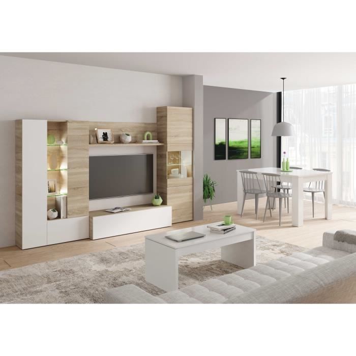 ESSENTIEEL TV-meubel met klassieke LED in glanzend wit en eiken decor - B 260 cm