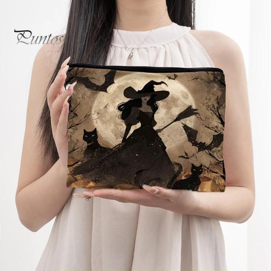 Witch Pumpkin Pattern Bag Storage Bag, with Smooth Zipper, Thickened Polyester Large Capacity Zipper Cosmetic Halloween Printed Pouch