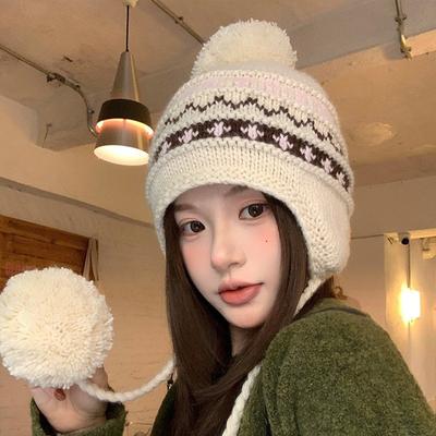 Autumn and Winter Hat Women's Fashion Knitted Wool Hat Hairball Ear Protection Warm Hat