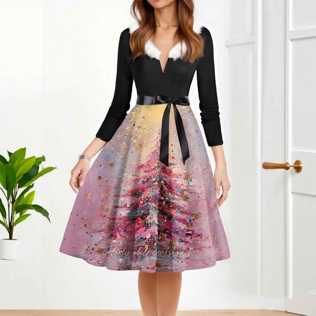 Women's Fashion Round Casual Slim Fit Christmas Print Large Swing Long Sleeve Dress